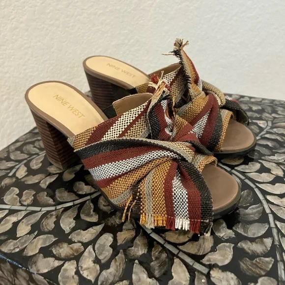 Bohemian woven fabric slides heels open toe mule Nine West Boho Earthy - Picture 2 of 7